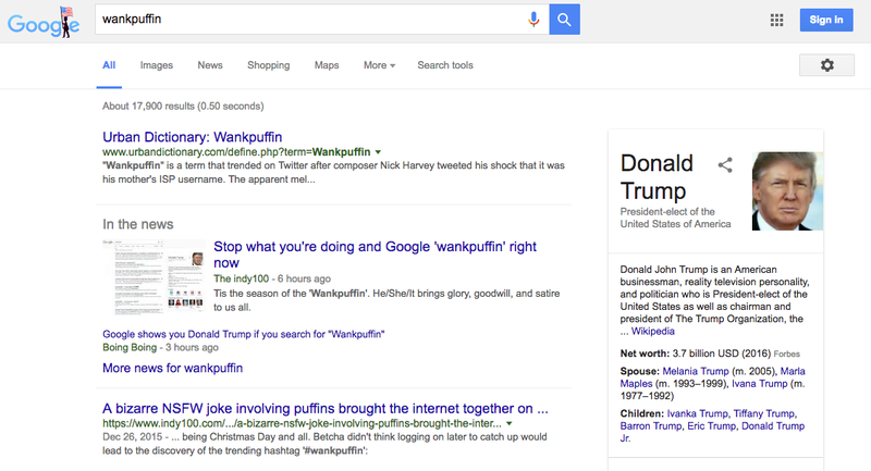 Illustration for article titled Google “wankpuffin,” and the first result is Donald Trump